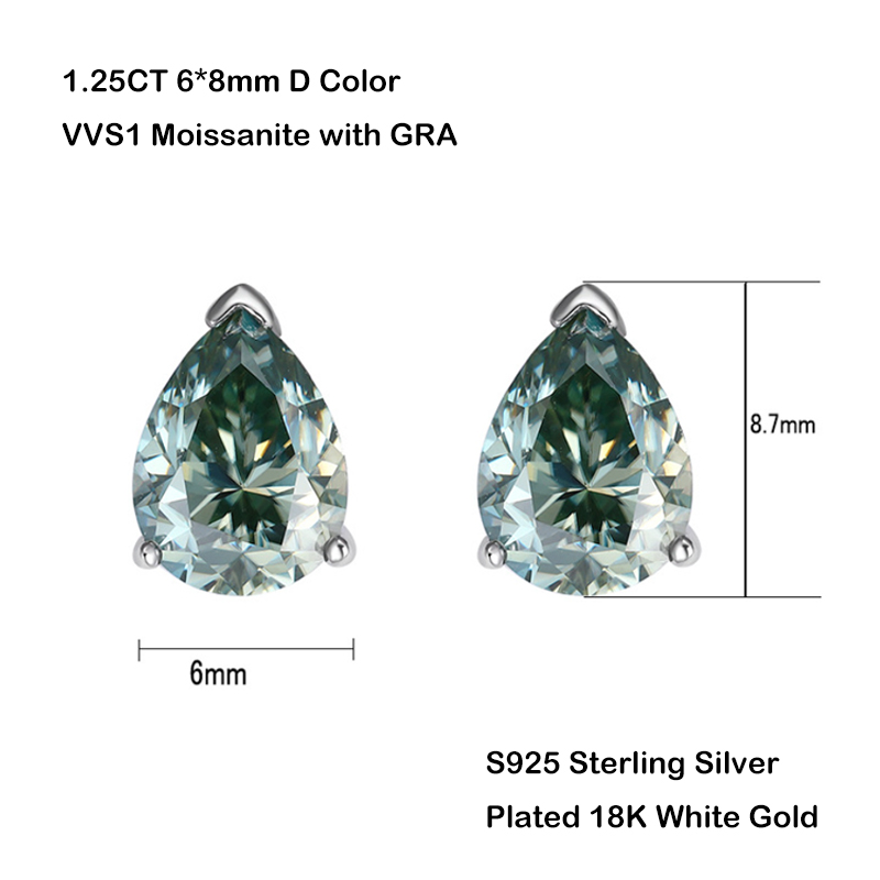 EWYA Real 1.25CT Colored Water Drop Moissanite Stud Earrings For Women S925 Silver Green Diamond Ear Studs Earring Fine Jewelry