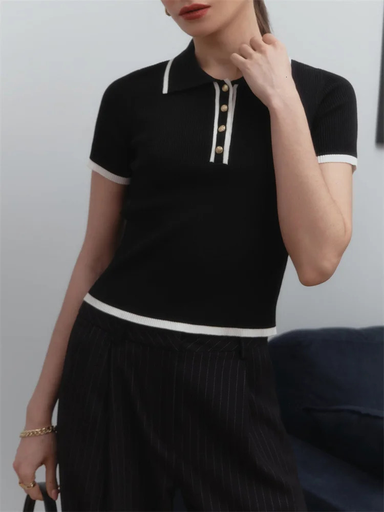 Tossy Knit Sweater Pullover Women Short Sleeve Patchwork Slim Lapel Elegant Contrast Knitwear Top Female Skinny Ribbed 240617