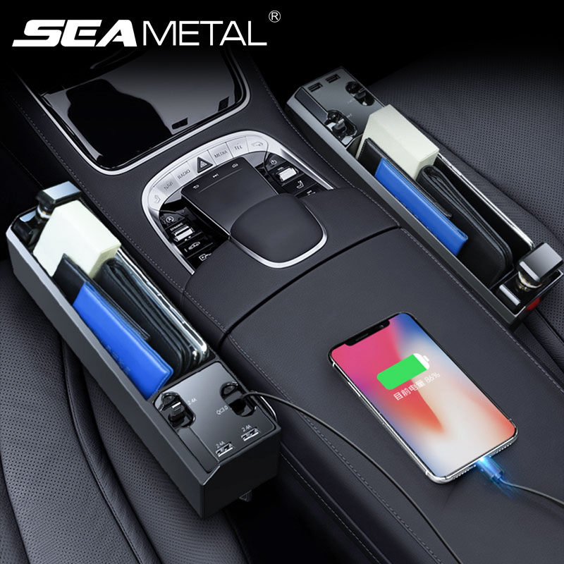 Car Organizer with Charger Cable Car Seat Gap Storage Box with Cable for IOS/Android/Type C Dual USB Port Auto Stowing Tidying