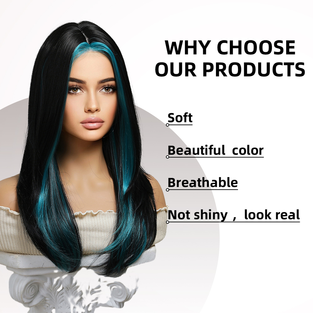 oneNonly Synthetic Wigs Long Black Green Wig for White Women Cosplay Daily Hair Heat Resistant 82c67