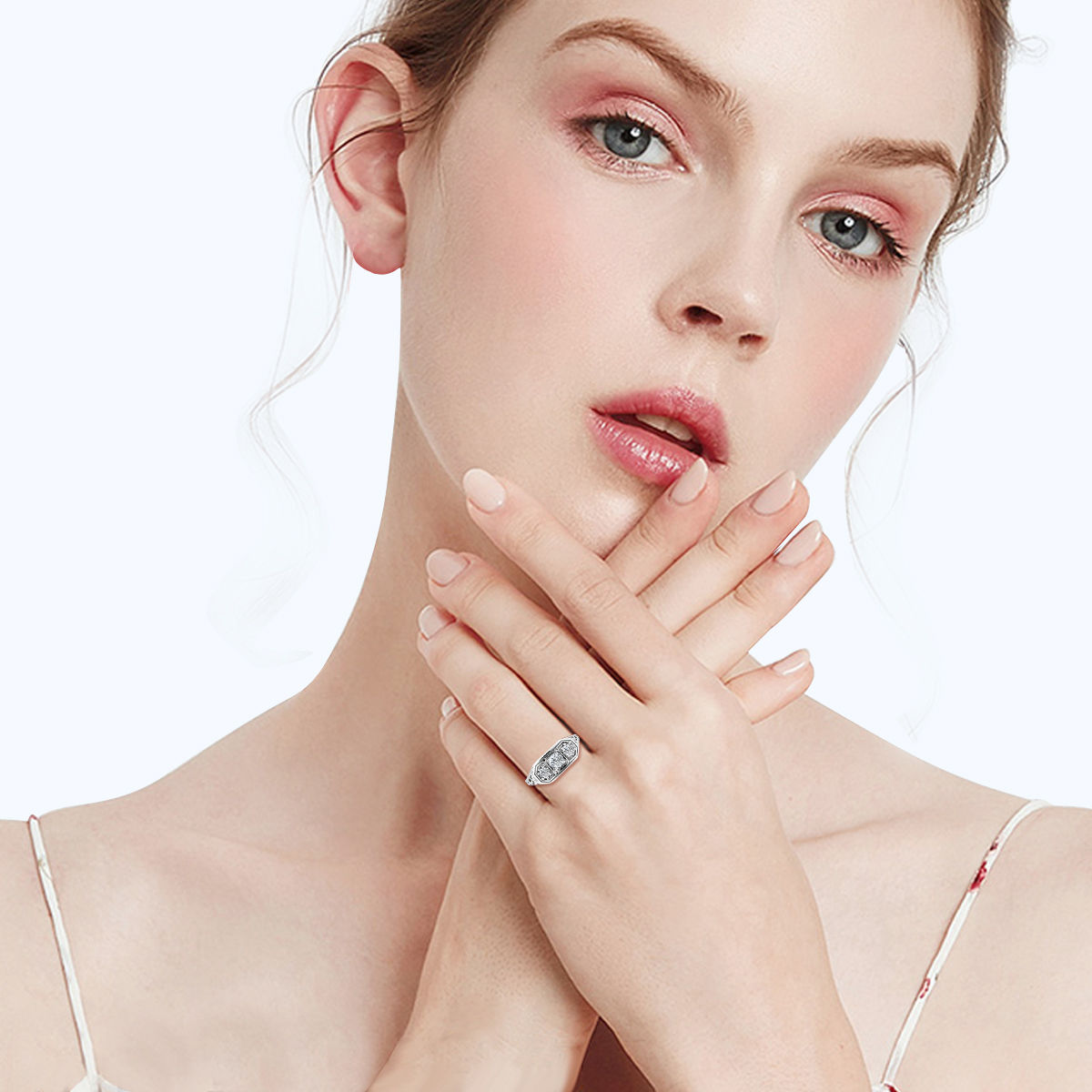 Real Sterling Moissanite Sier Ring For Woman Vintage 3 Stone Party Banquet Gift Female Fine Jewelry High Quality smile