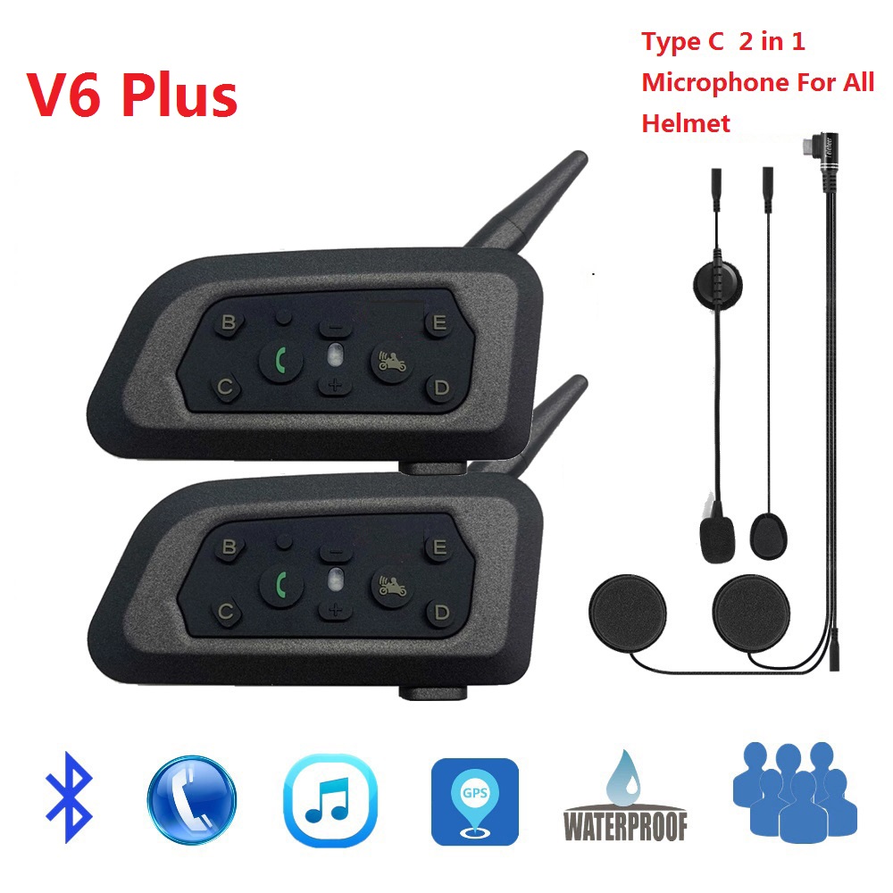 V6 Plus Bluetooth Motorcycle Helmet Intercom Headset With 1500M BT 5.0 Interphone Communicator for 6 Riders Waterproof
