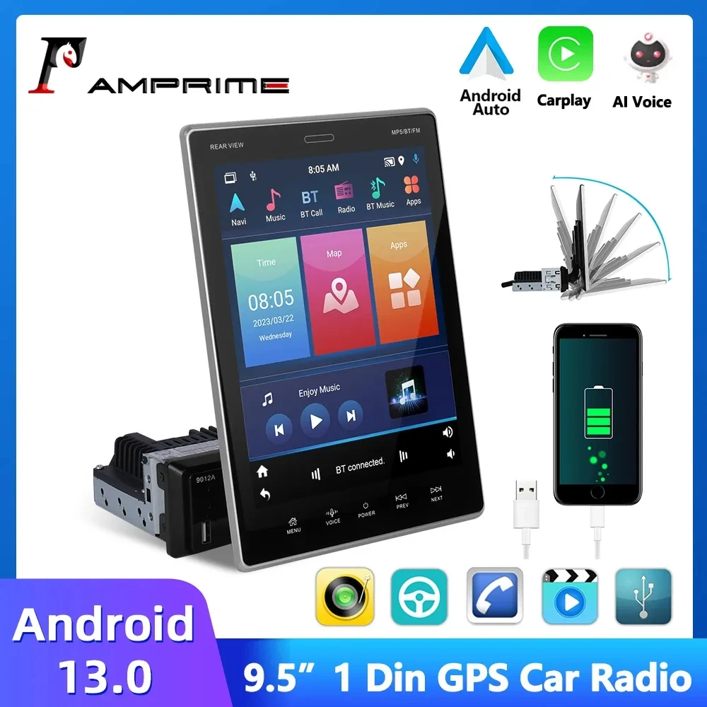 AMPrime 1 Din GPS Car Radio Stereo 9.5" Vertical Screen Android 13 Multimedia Player Carplay Android Auto For Universal WIFI RDS