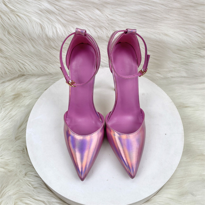 Pink Metallic Leather Ankle Strapy Women Pumps Buckle Stiletto High Heel Shoes Pointy Toe Ladies Wedding Size 33-45 68