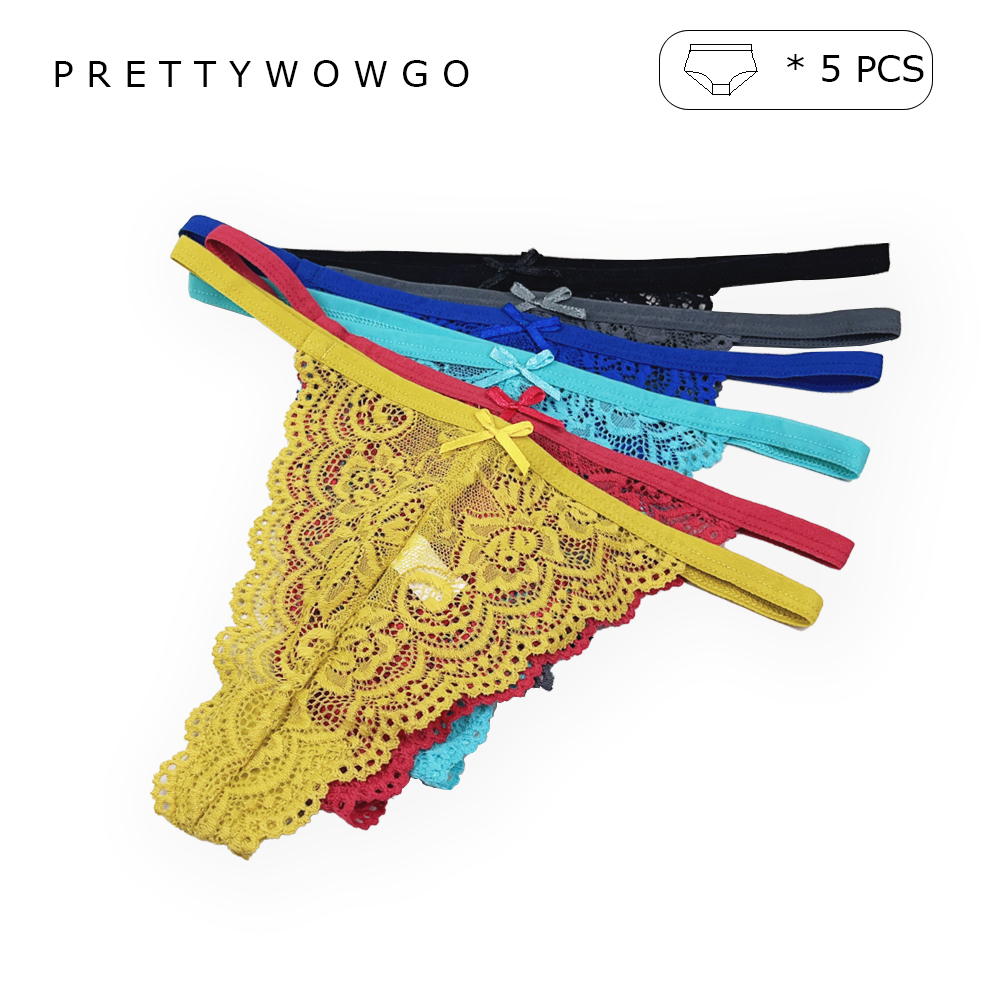 Arrival 5 Pcs New Sexy Lingerie Solid ddmysmile Color Red Lace Transparent G-String Panties T-Back Thongs Smile