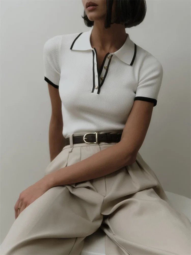 Tossy Knit Sweater Pullover Women Short Sleeve Patchwork Slim Lapel Elegant Contrast Knitwear Top Female Skinny Ribbed 240617