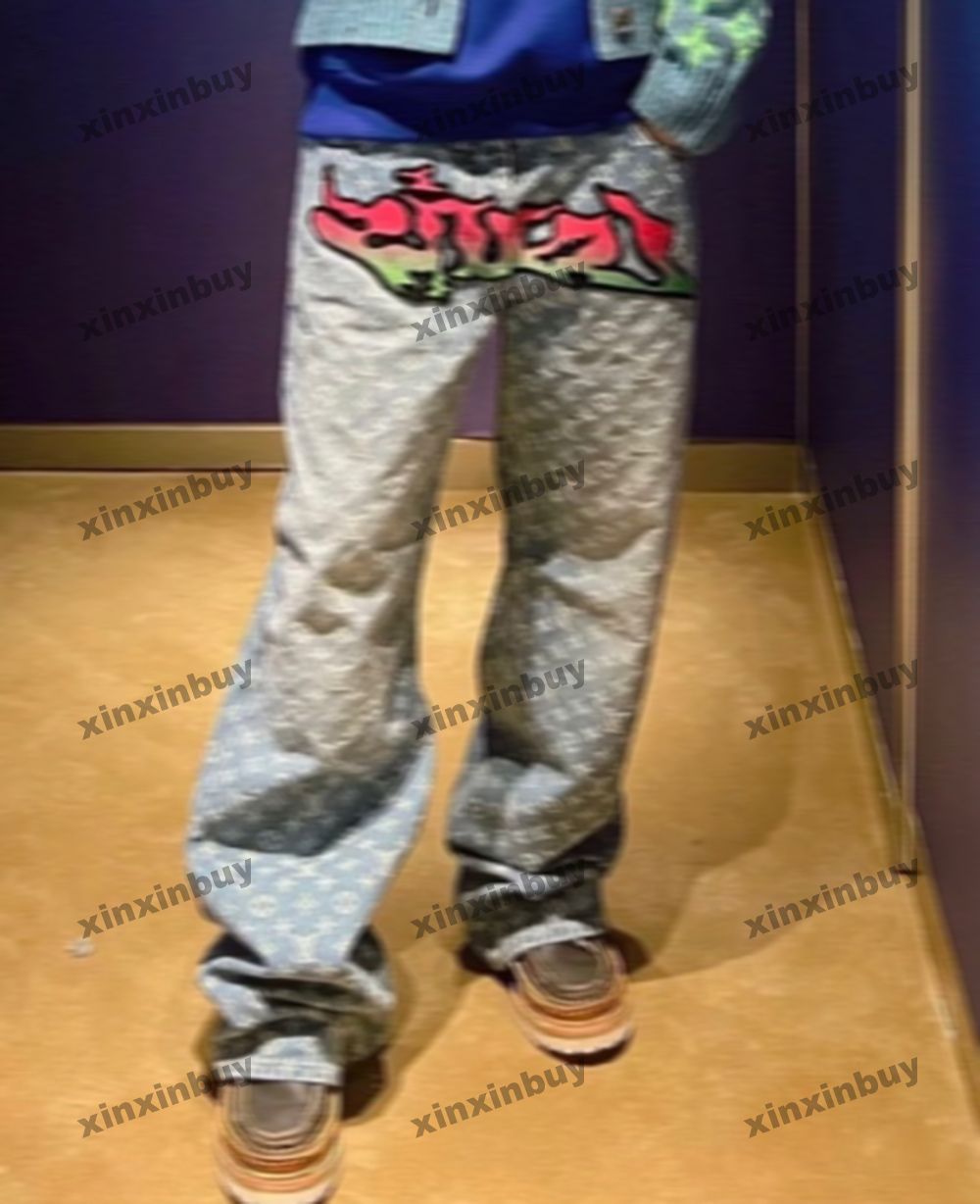 xinxinbuy Men women designer pant Flame gradient jacquard Toothbrush embroidery denim Spring Casual pants Black navy blue green red XS-3XL