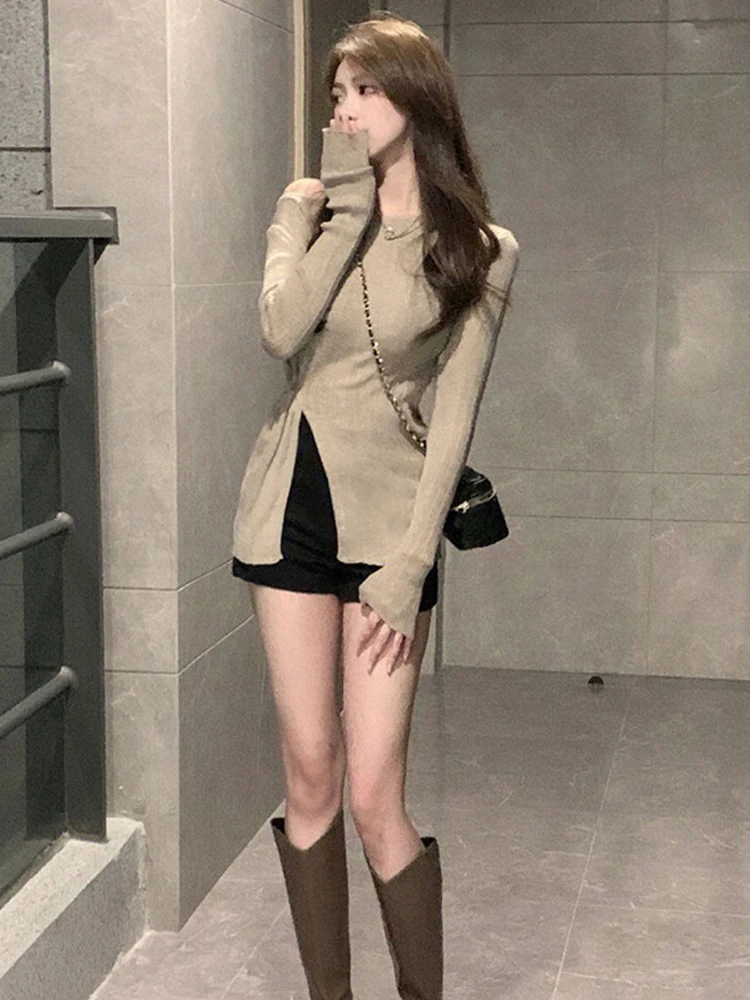 Woherb Korean Tshirt Woman O-neck Long Sleeve Knitted Tunic Tees 2024 Shirts for Women Y2k Tops Chic Split Casual Sexy T
