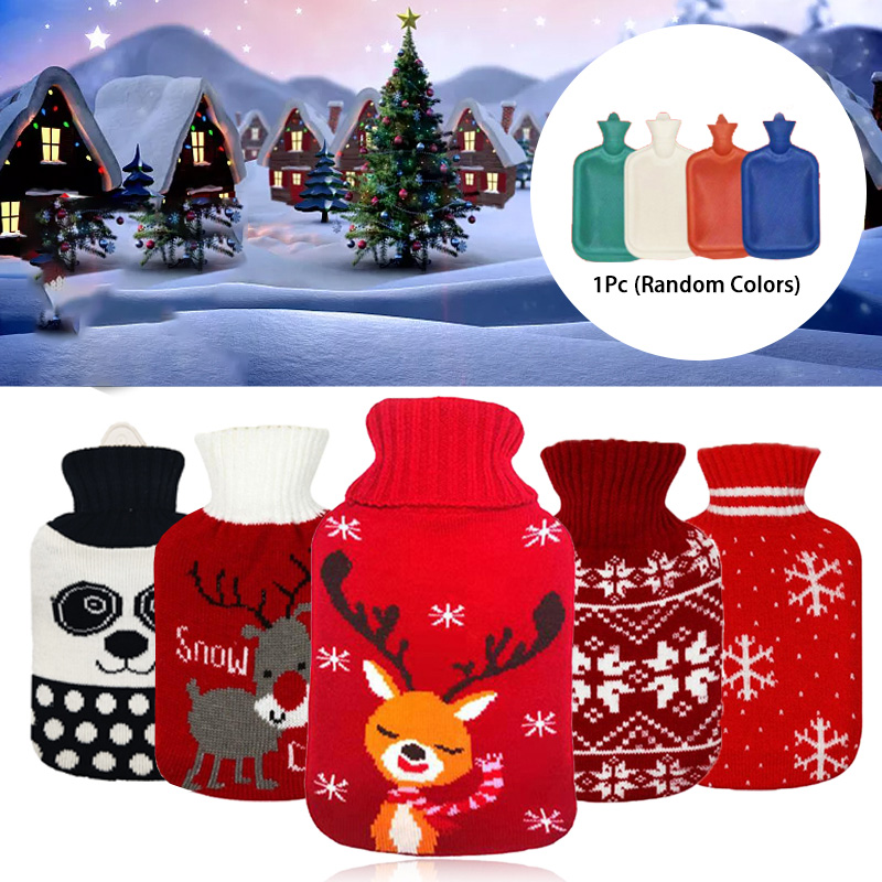 1set Heat Cold Therapy Christmas Warm Water Bottle Knitted Warm Cover Rubber Bag Hot Water Bottle Hand Warmer 1000ml Winter Warm