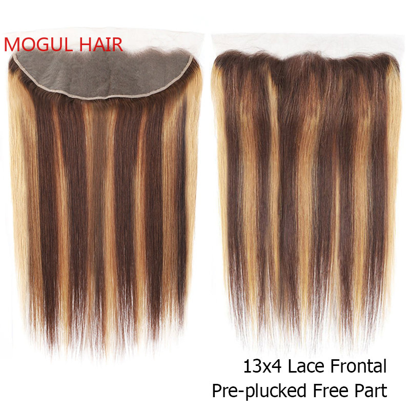 1PC Straight Highlight Human Hair Weave Bundles Brown Blonde Mix Color Lace Closure Frontal Transparent Free Part MOGUL HAIR