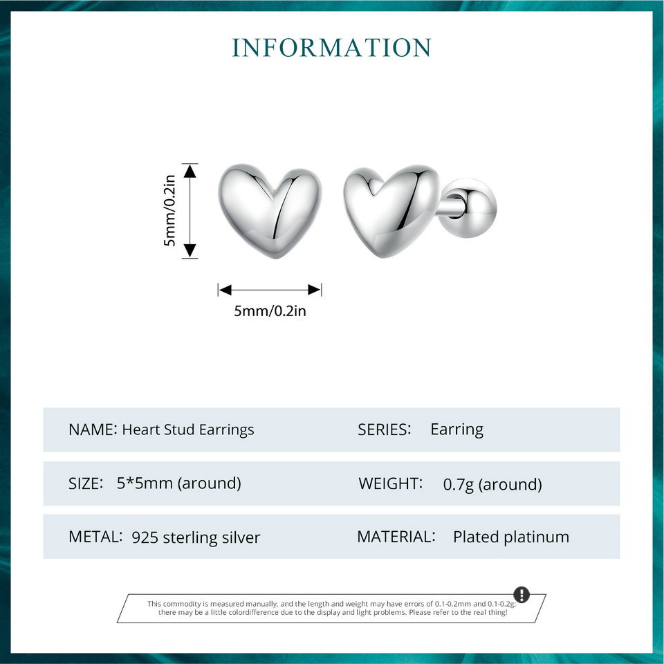 Bamoer 925 Sterling Silver Mini Heart Stud Earrings Platinum Plated Simple Earrings for Women Sweet Fine Jewelry Gift