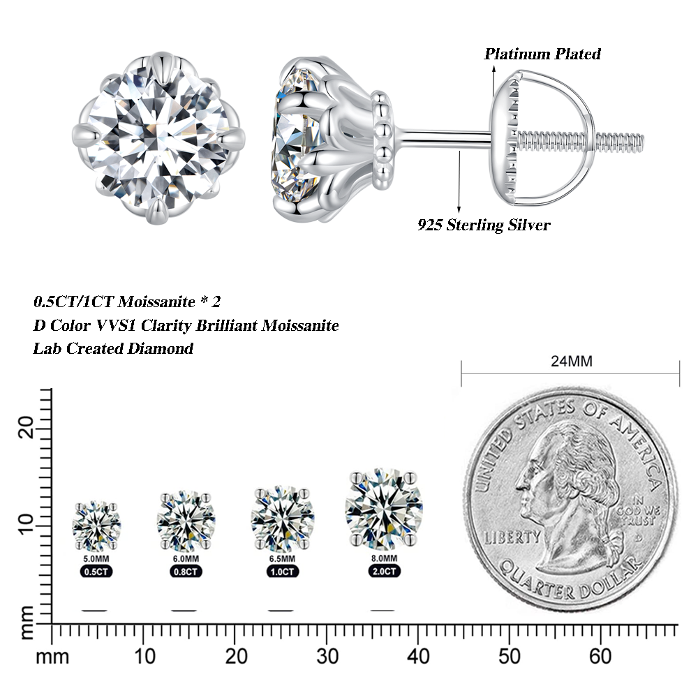 Bamoer U 0.5/1CT D Color VVS1 EX Moissanite Stud Earrings S925 Platinum Plated Earrings Lab Diamond Shining Valentine's Day Gift