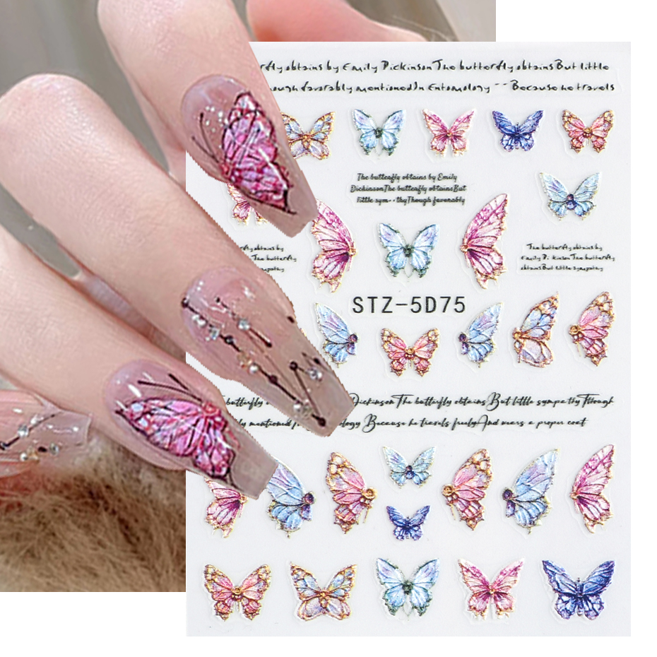Holographics Gradient Colorful 5D Butterfly Nail Art Stickers Adhesive Sliders DIY Nail Transfer Decals Foils Wraps Decoration