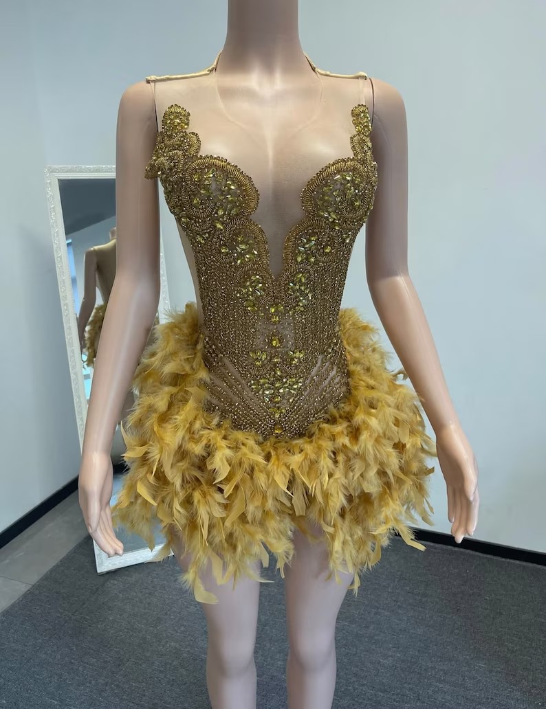 Luxury Gold Crystals Feather Short Prom Dresses For Black Girls See Through African American Cocktail Dresses Birthday Party Homecoming Gowns