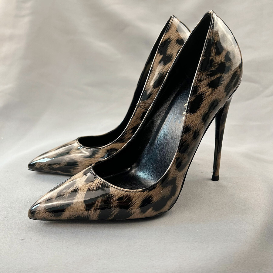 Leopard Patent Leather Sexy Pumps Stiletto Heels Pointed Toe Party Women's Heeled Shoes Plus Size 34-45 68