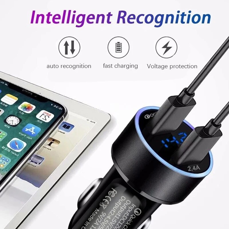 Qc3.0 Digital Display Charger Car + 2.4A Fast Charge Applicable to Various Mobile Phone Protocols Car Charger smile + + +