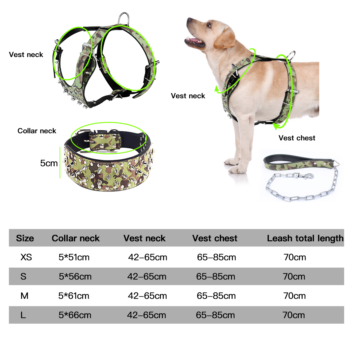 Leather Spiked Studded Dog Pet Collar Harness and Chain Leash Set for Medium Large Xlarge Breeds Pitbull Mastiff