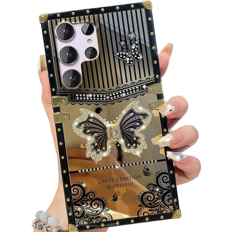 Luxury 3D Bling Diamond Butterfly Square Case Stand TPU Metal Corner Plating Mirror For Samsung S25 Ultra S24 FE S23 Plus S22 S21 A05 A05S A06 A16 A26