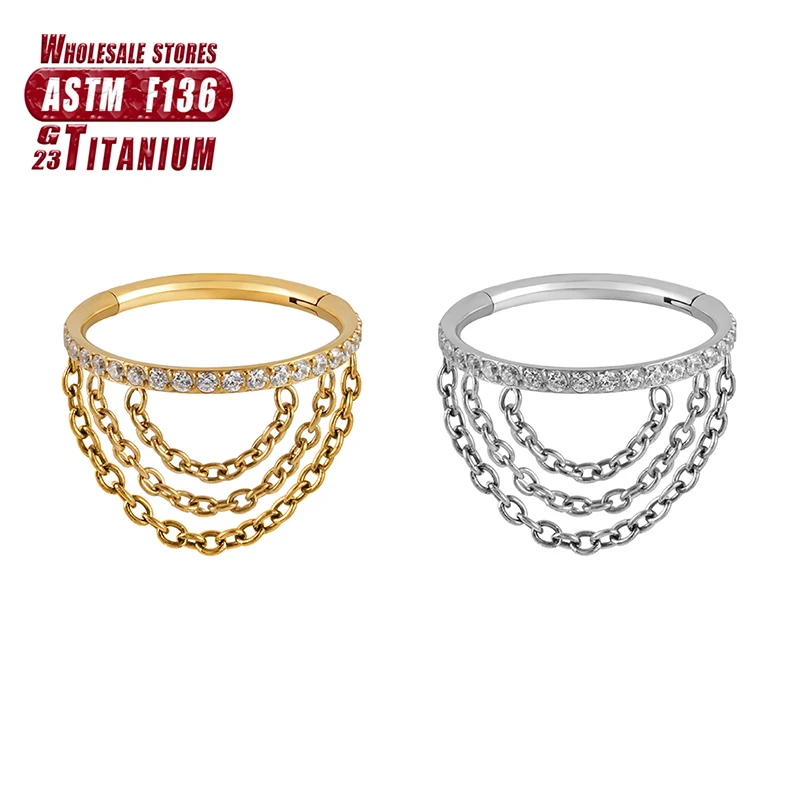 F136 Titanium Cartilage Hinge Septum Three Welding Chains Nose Rings Daith Helix Spiral Piercing Body Jewelry Women Accessories