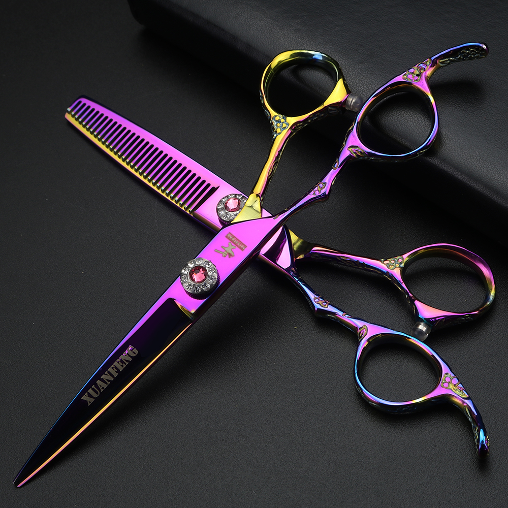 XUANFENG 6 inch left hand plum blossom handle hair scissors 440C steel barber cutting scissors and thinning scissors