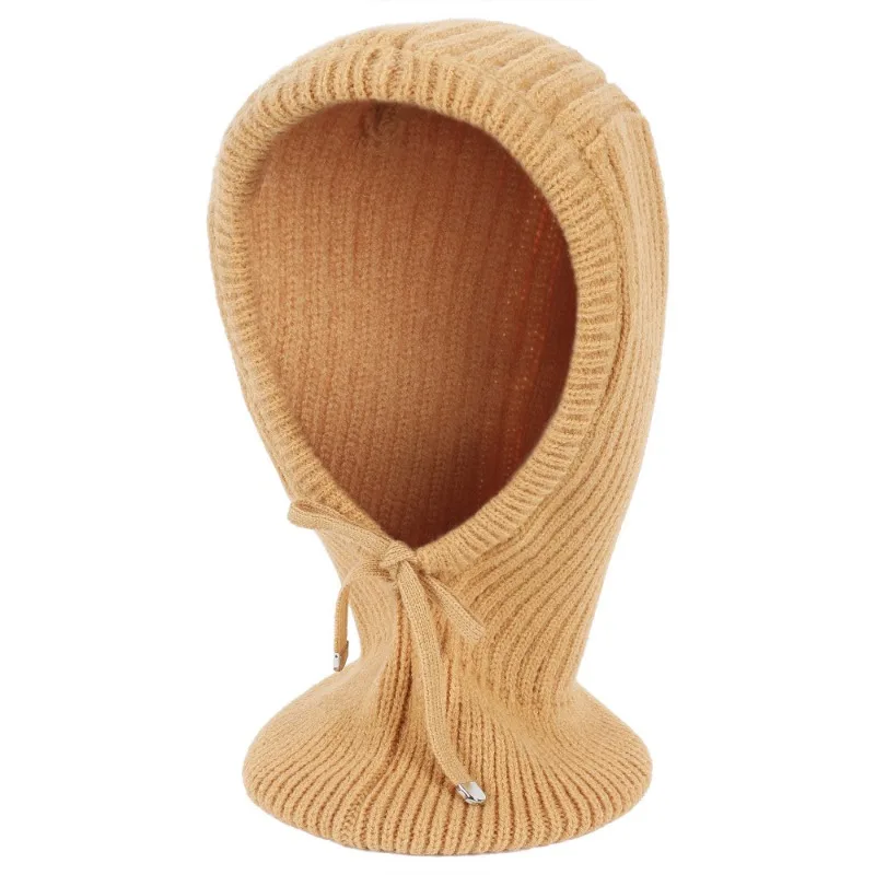 Autumn Winter Beanie Hats for Women Girls Warm Hooded Scarf 2-in-1 Balaclava Knit Skull Cap with Drawstring 1157f
