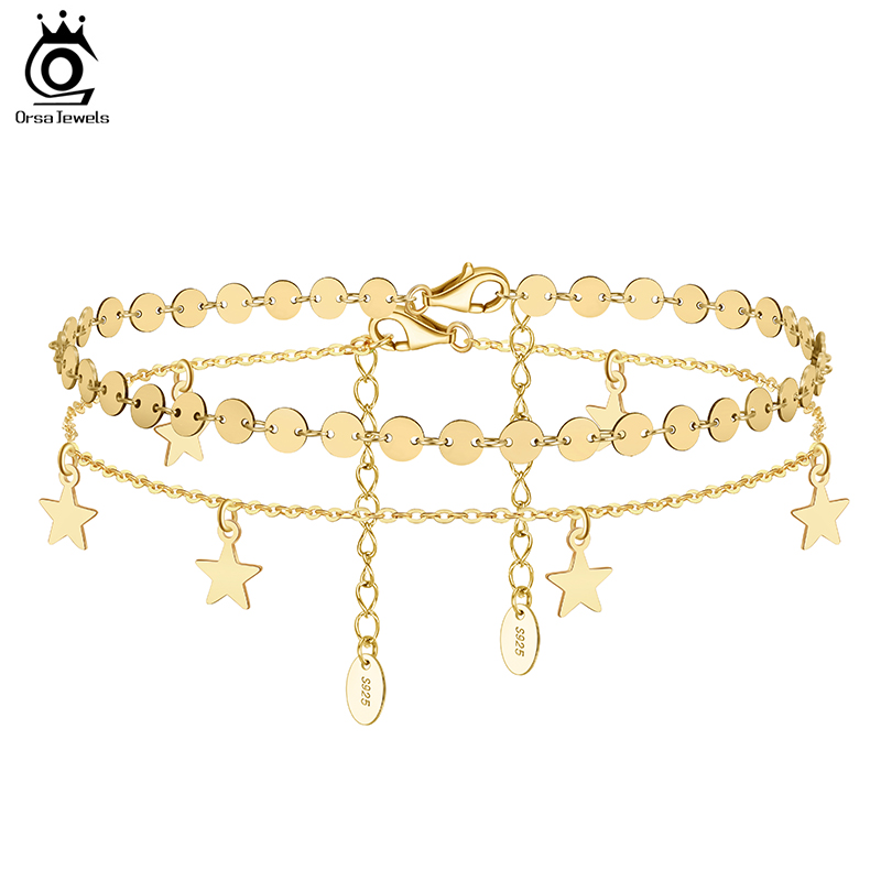 ORSA JEWELS 925 Sterling Silver Round Plate Chain&Cable Chain with Stars Chain Anklets for Women Summer Foot Chain Jewelry SSA07