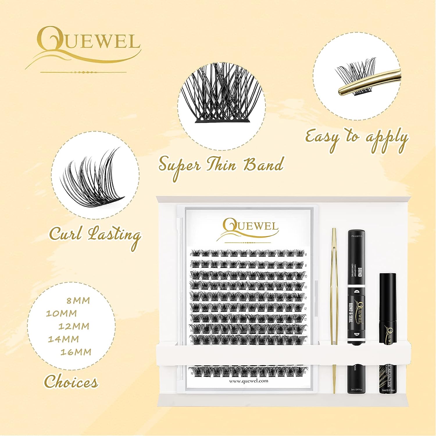Quewel Lashes Kit 144Pcs DIY Cluster Lashes Faux Mink Lash Bond and Seal Glue Waterproof Lash Glue Remover Golden Lashes Tweezer a8cfc 5 a1fab