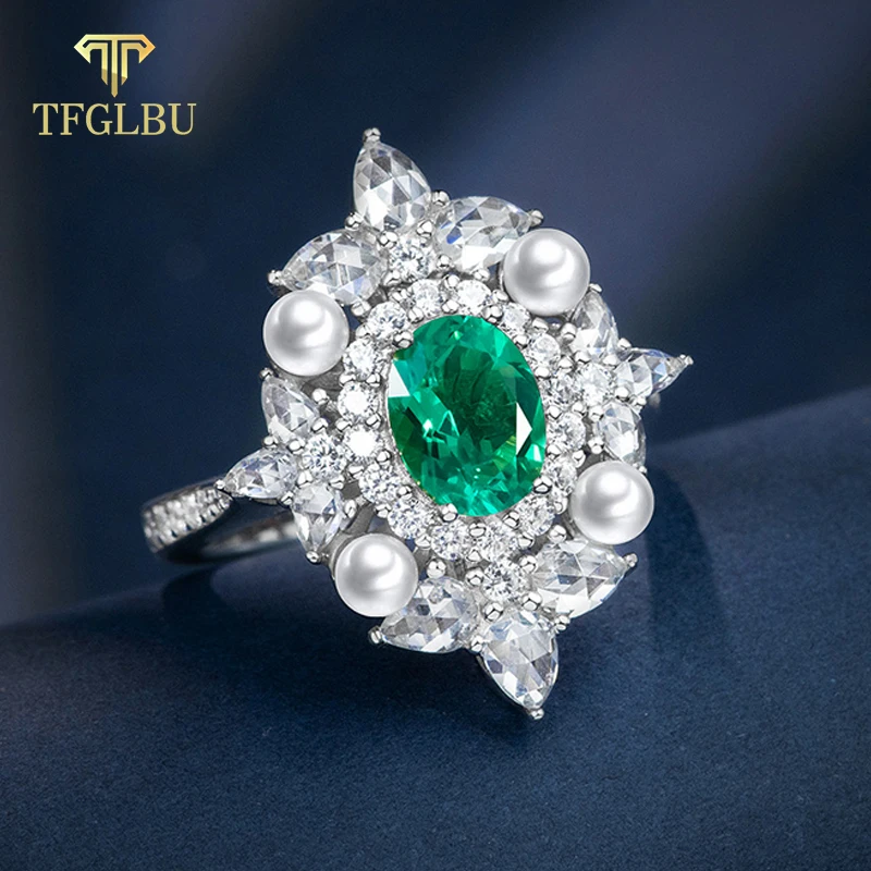 TFGLBU 2CT 6*8mm Vintage Oval Colombian Emerald Ring for Women Solid Sier Sparkling Gem Band Party Fancy Jewelry 75dcf 5 4b425