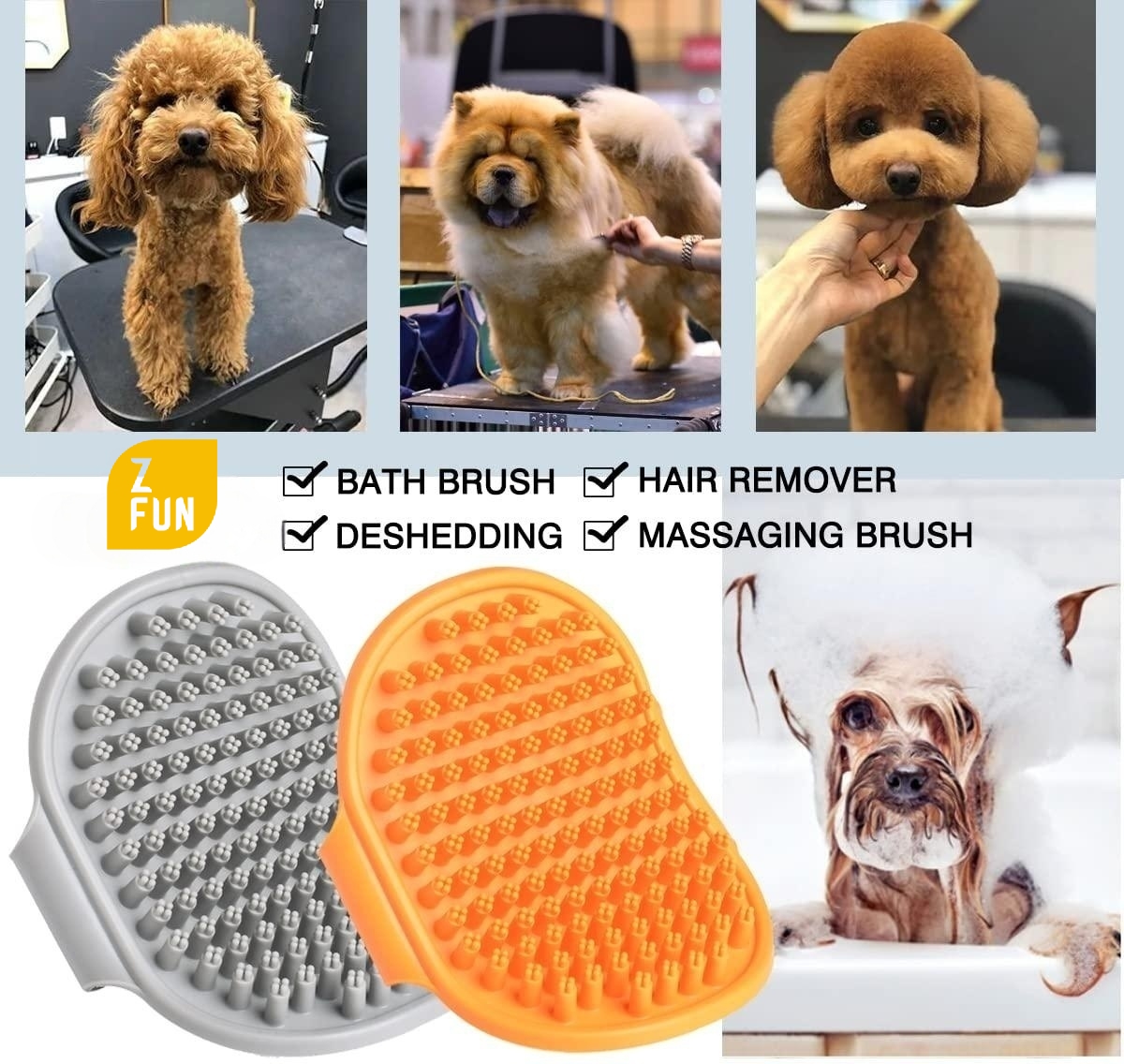 Dog Bath Brush,Dog Grooming Shedding Soothing Massage Rubber Bristles Curry Comb with Adjustable Ring Handle for Pet Dogs& Cats Free shipping