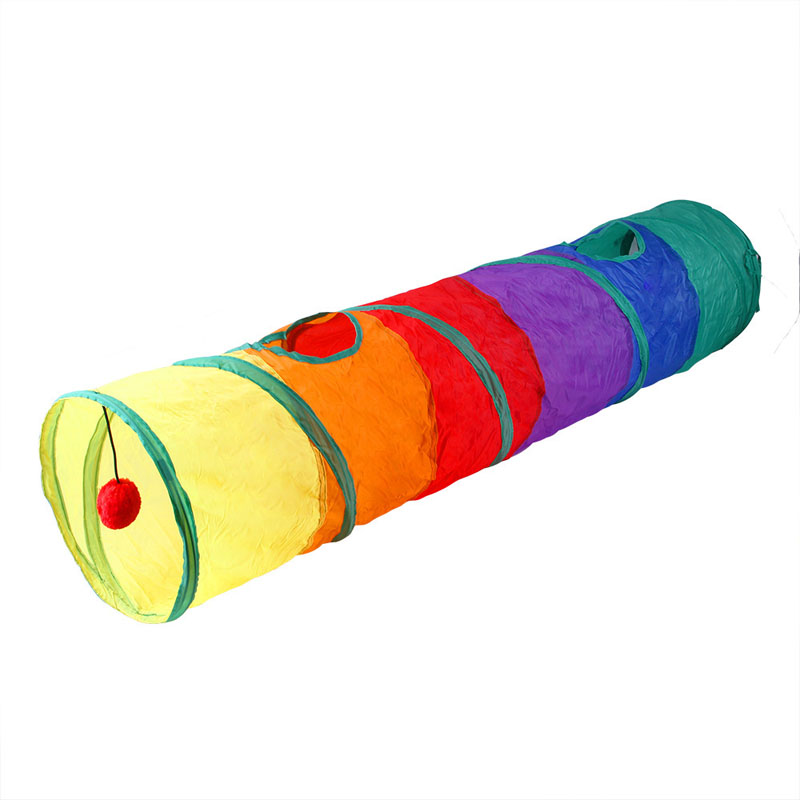 Funny Cat Toys Rainbow Color Foldable Cat Tunnel Indoor Kitten Interactive Play Channel Hanging Bell Plush Ball Pet Supplies