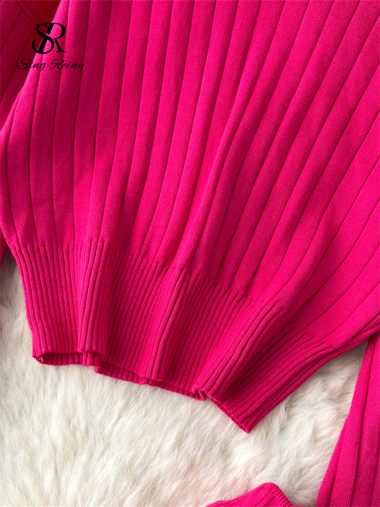 SINGREINY Winter Knit Two Pieces Suits Half High Collar Full Sleeve Pullover+Wide Legs Long Pants Women 2023 Senior Striped Sets a92b8