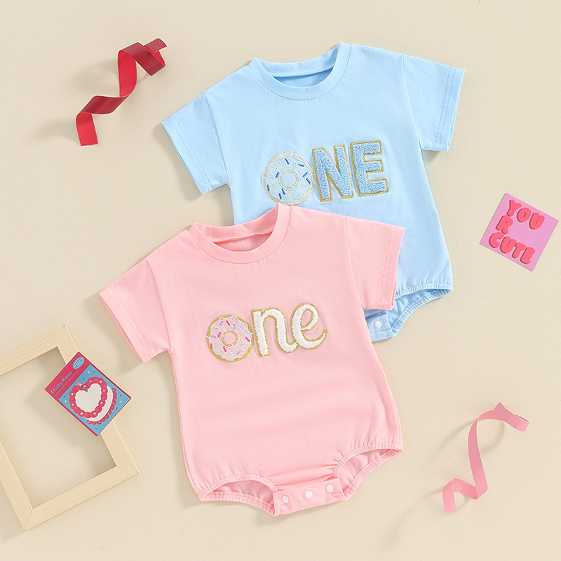 FOCUSNORM Newborn Baby Girls Boys Cute Romper 0-18M Summer Donut Letter Embroidery Short Sleeve Birthday Jumpsuits