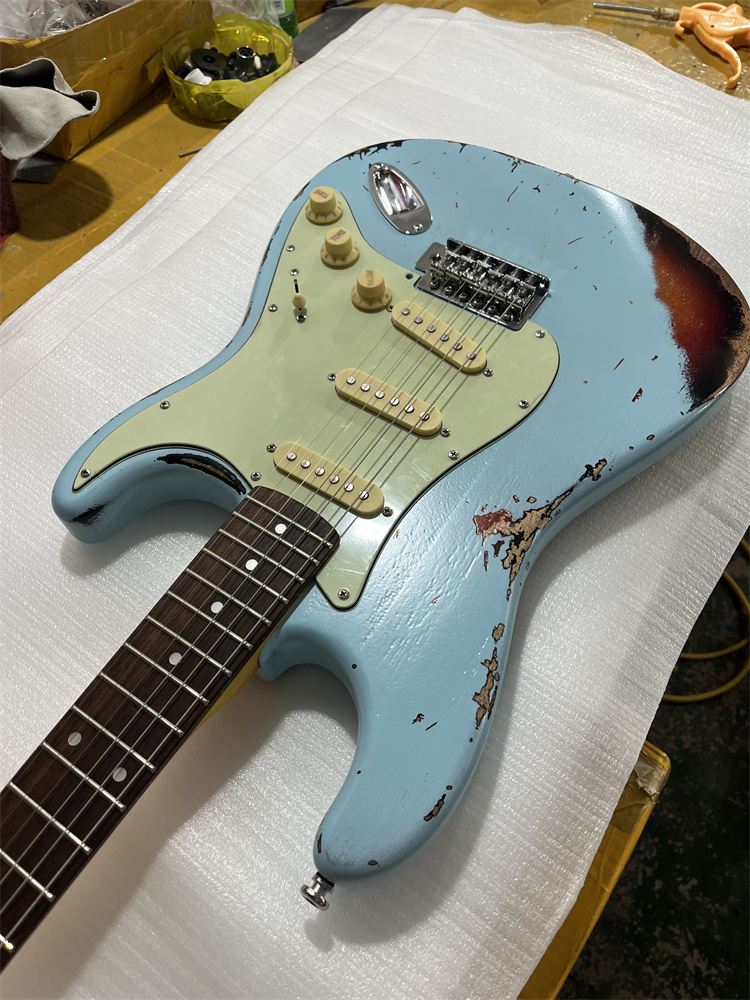 New 1959 Heavy Distressed Light Blue Over Sunburst Electric Guitar - Alder Body, Maple Neck, Aged Hardware, Nitro Lacquer Finish
