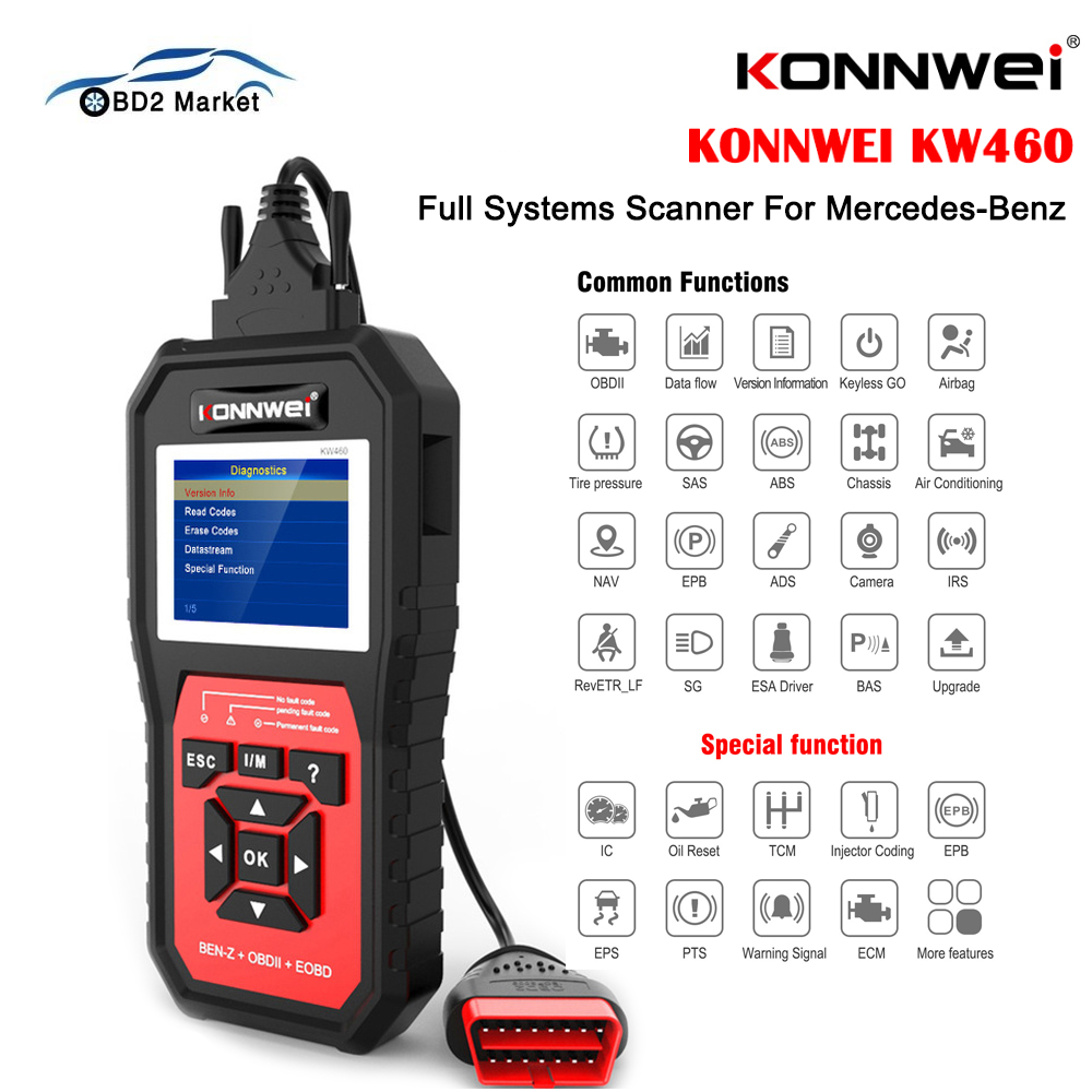 KONNWEI KW460 For Mercedes-Benz Car Auto Diagnostic Tool OBD2 Full System Scanner Airbag Oil ABS SRS TPMS Engine Code Reader f6bc9