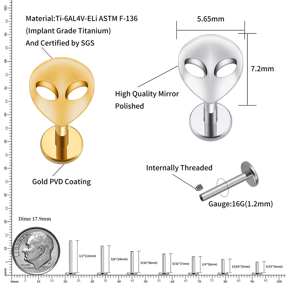 Right Grand ASTM F136 Titanium 16G Alien Head Halloween Tragus Stud Earring Cartilage Helix Conch Ear Lobe Piercing