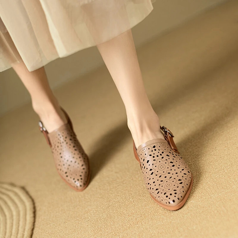 NEW Summer Genuine Leather For Women Pointed Chunky Heel Shoes Cover Toe Slingback Hollow Beige Sandals 68
