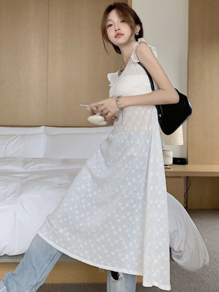 Women Sexy Hollow Out Lace Dresses Chic Solid Bandage Design Mid-calf Summer Simple Cross Elegant Korean Style Party Dresses