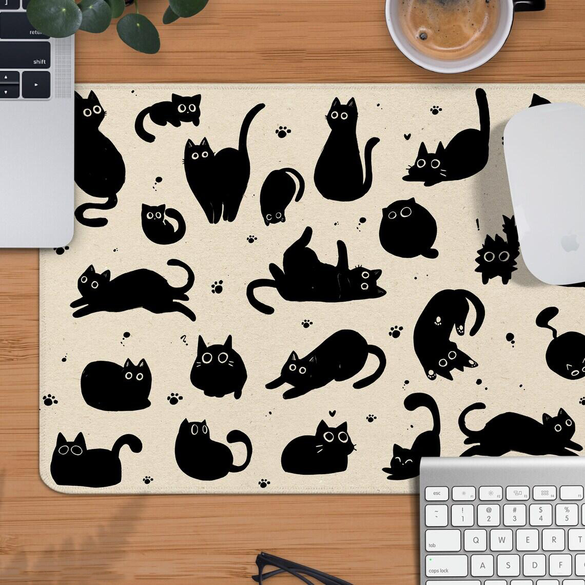 Cute Black Cat Desk Mat On Beige Mouse Pad Extra Large Table Protector Soft Deskmat Deskpad Anime Mousepad Kawaii XxL Mousepad