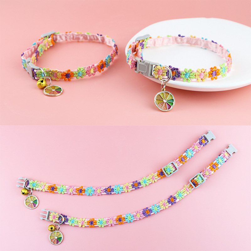 1Pc Cute Pet Collar Personalized Colorful Flowers Adjustable Buckle Cat Collar Hand Sewn With Bell Puppy Collars Cat Accessories