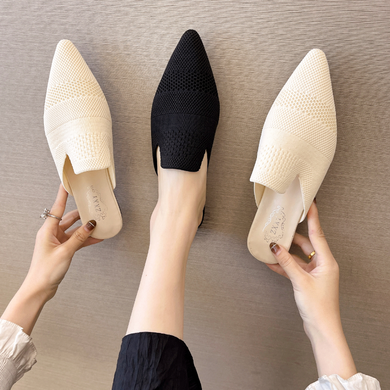 Summer Women Yellow Black Knitted Mules New Elegant Mesh Breathable Med Heel Slippers Closed Toe Slides Party Shoes 82e
