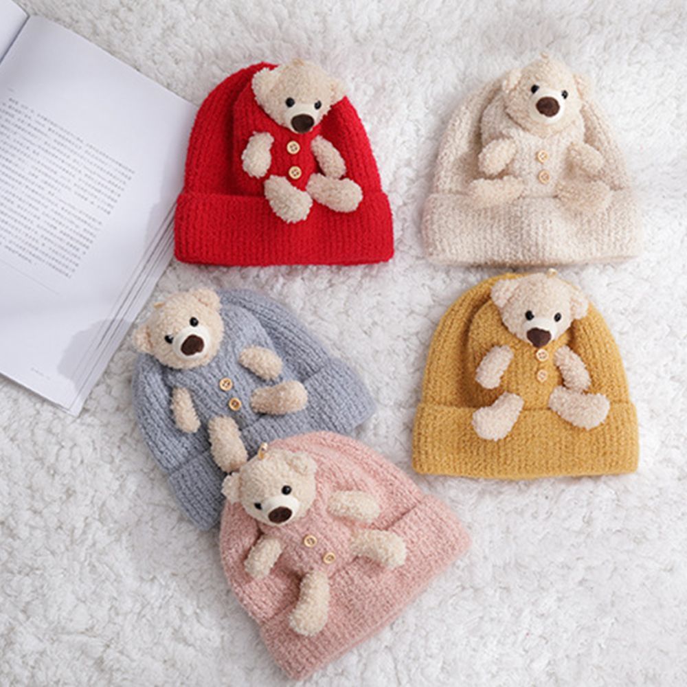 Cute Solid Color Autumn Winter Soft Bonnet Hats Headwear Bear Warm Hat Knitting Cap 22174 5 99394