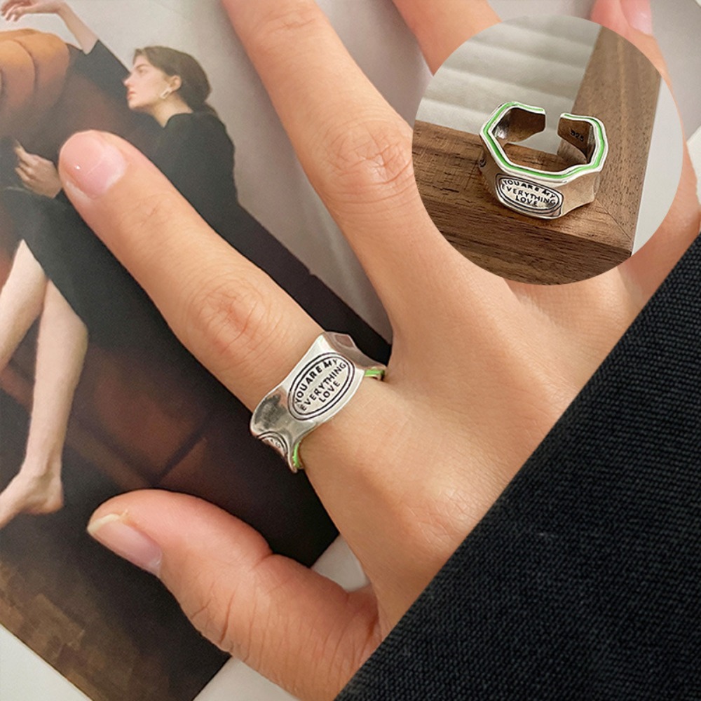 New Arrival Elegant Letter Carving Green Stripe Design Retro Thai Silver Female Finger Ring for Men Women Jewelry Gifts 2023