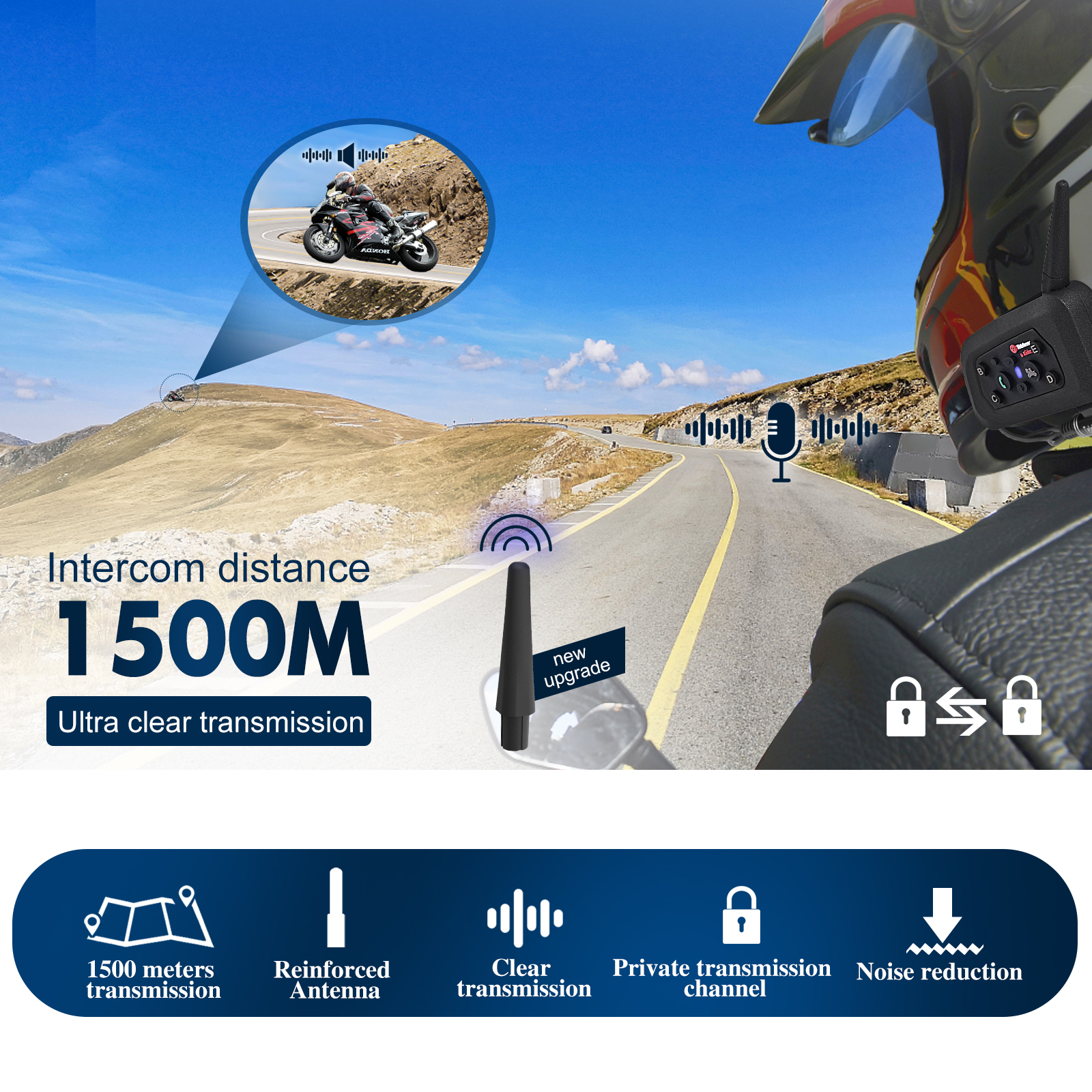 V6 Plus Bluetooth Motorcycle Helmet Intercom Headset With 1500M BT 5.0 Interphone Communicator for 6 Riders Waterproof