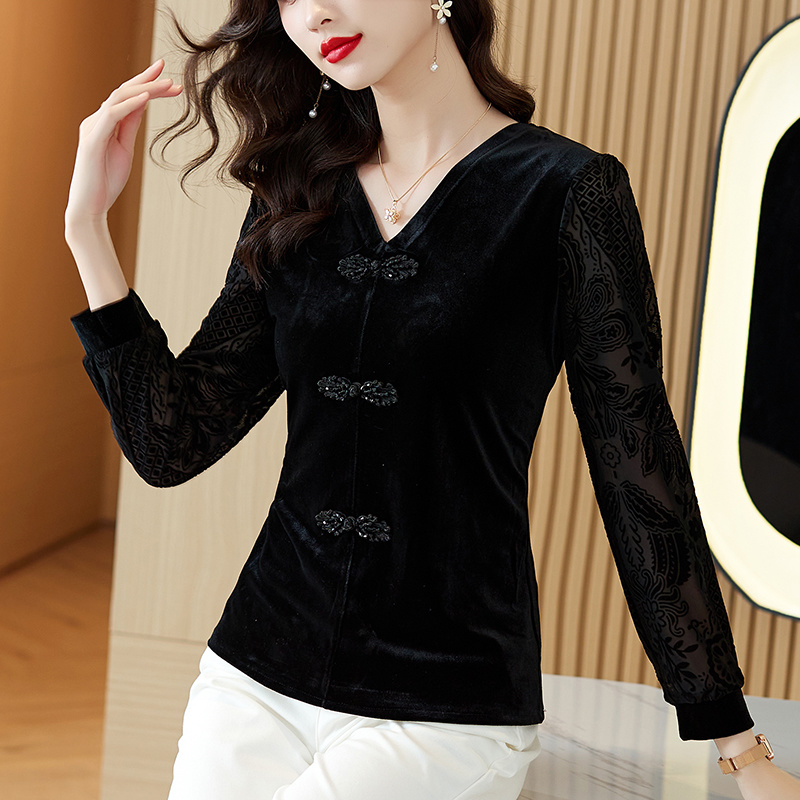 #1651 Spring Black Velvet T Shirt Women V-neck Buttons Vintage Long Sleeve T Shirt Slim Outerwear Womens Tee Shirts Korean Style