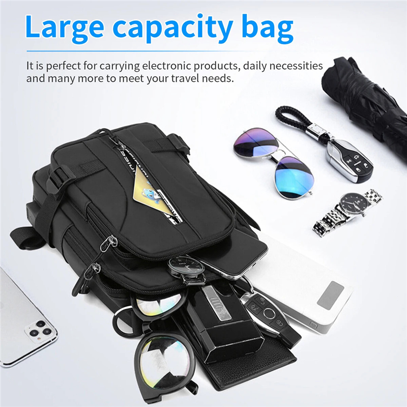 Men's Sling Crossbody Bag Anti-theft Chest Shoulder Messenger Backpack with USB Port for Outdoor Sports Traveling