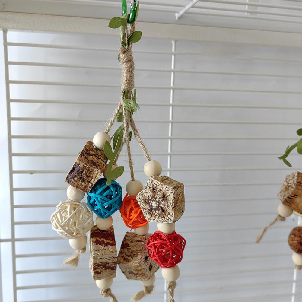 Parrot Toys Wooden Hanging Parrot Chewing Toy Rattan Ball Wooden Beads Bird Cage Accessories Bird Cage Bite Toy for Birds