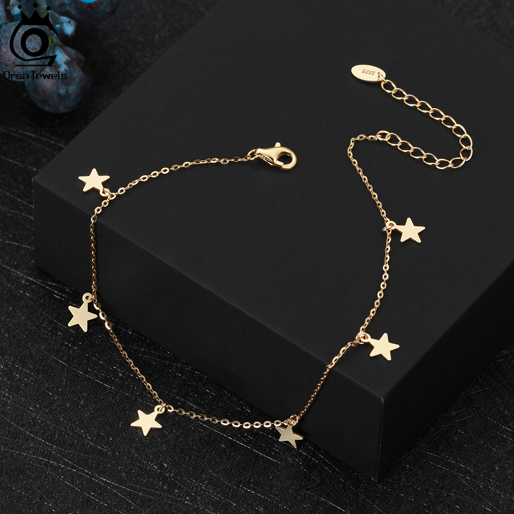 ORSA JEWELS 925 Sterling Silver Round Plate Chain&Cable Chain with Stars Chain Anklets for Women Summer Foot Chain Jewelry SSA07