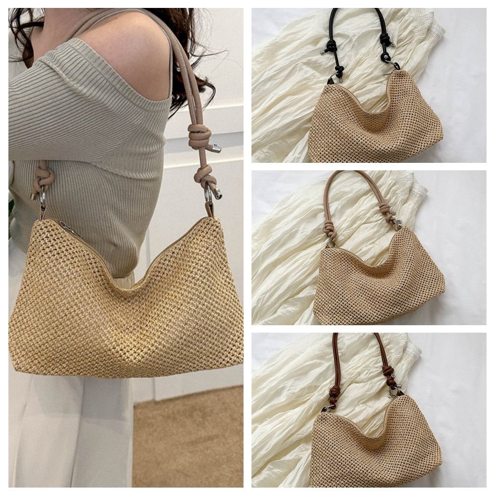 Large Capacity Straw Woven Crossbody Bag Adjustable Shoulder Strap Zipper Woven Handbag Handmade Bohemian Style