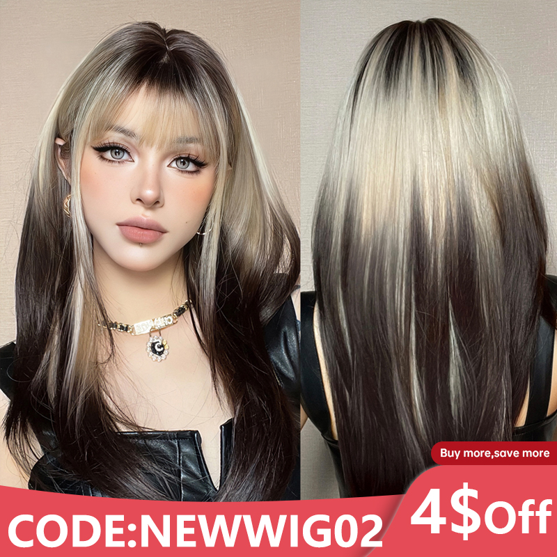 Synthetic Cosplay Ombre Straight Women Hair Platinum Blonde To Black Hair Long Layered Natural ddmysmile Wigs With Bangs For White Women Smile
