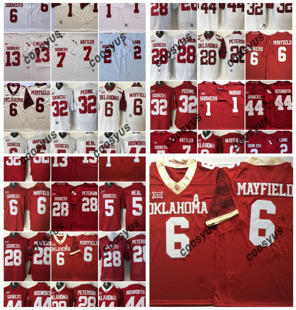 2024 NCAA American Oklahoma Sooners College Football Jersey Wear 6 Baker Mayfield 44 Brian Bosworth 28 Adrian Peterson 32 Samaje Perine 14 Sam Bradford Rouge new
